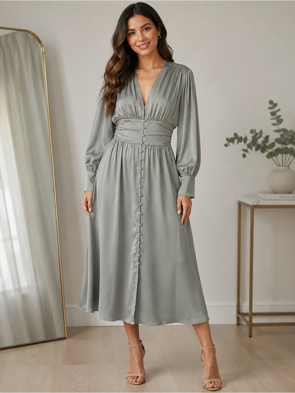 MOTF Sage Green Long-Sleeve Button Midi Dress
